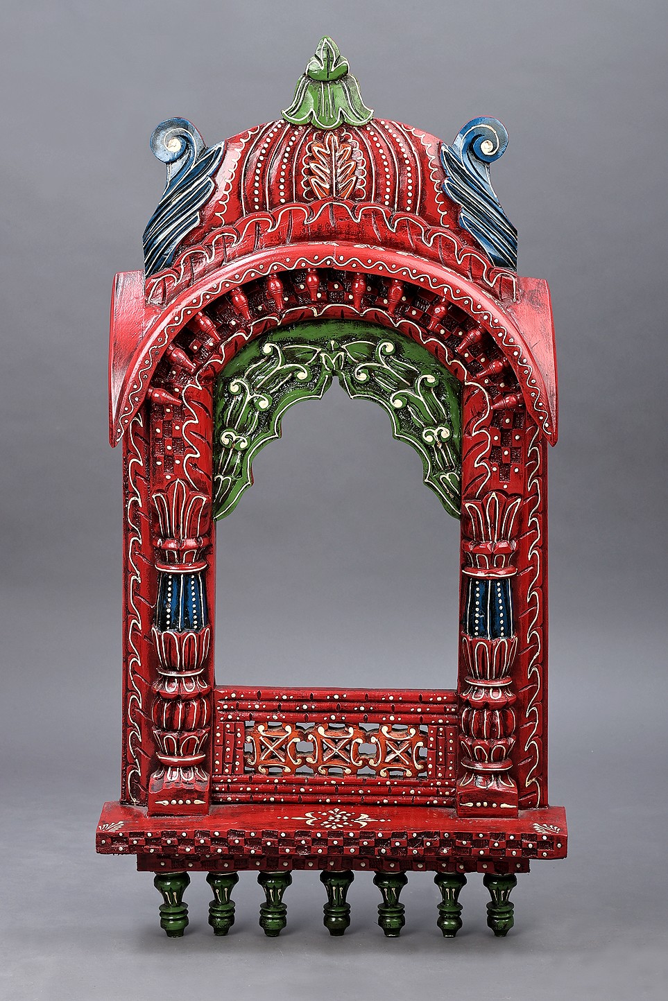 37" Large Hand Painted Temple Design Jharokha (Window) Wood Jharokha