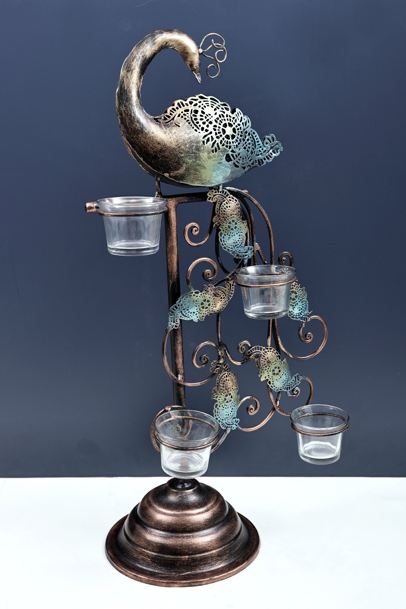 Votive Handmade & Hand-Painted Elephant & Peacock Tea-Light Holder In Wood 