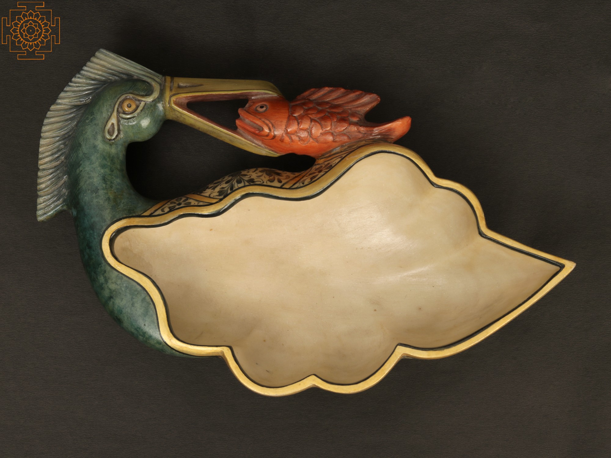 Urli Carved of Exquisite Marble - Crane Catching Fish in his Beak