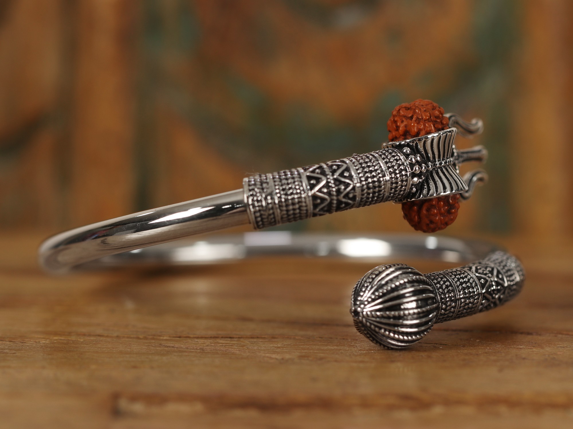 Bahubali kada 925 Sterling silver handmade Lord Shiva trident trishul bangle  bracelet natural Rudraksha beads customized kada nsk447 | TRIBAL ORNAMENTS