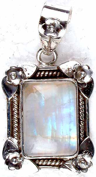 Rectangular Rainbow Moonstone Pendant Exotic India Art