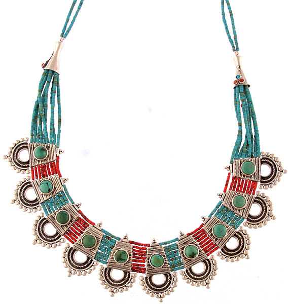 Turquoise and Coral Necklace | Exotic India Art