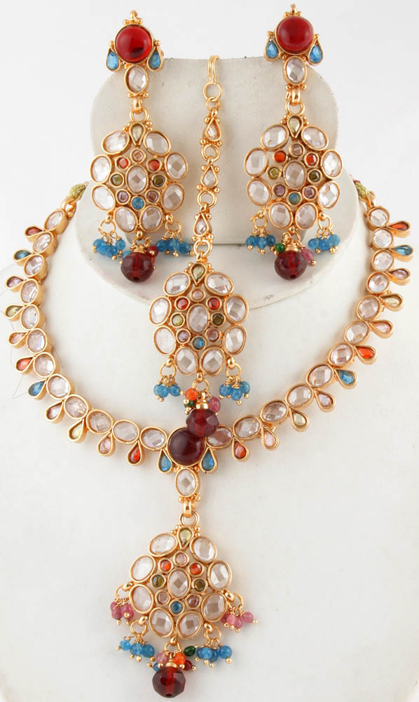 Multicolor Cut Glass Necklace Set with Mang Tika Exotic India Art