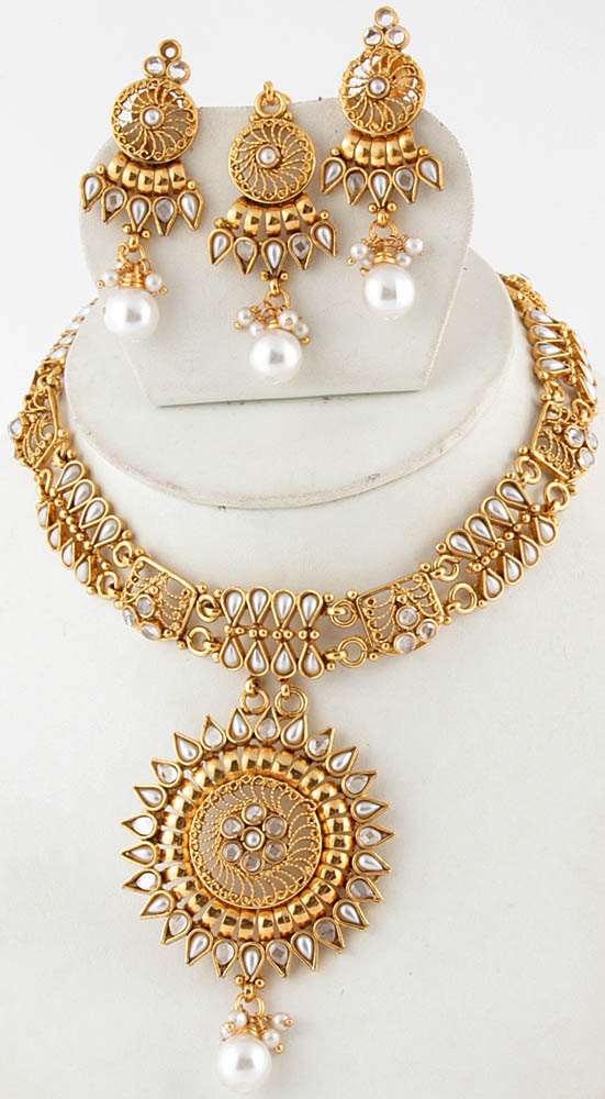 Faux Pearl Necklace Set With Mang Tika And Dangling Chakra Pendant Exotic India Art 7218