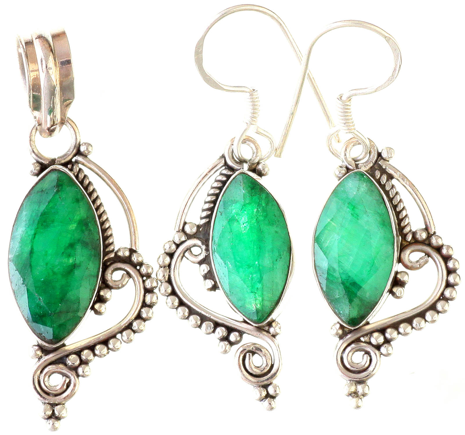 Faceted Emerald Pendant with Earrings Set | Exotic India Art