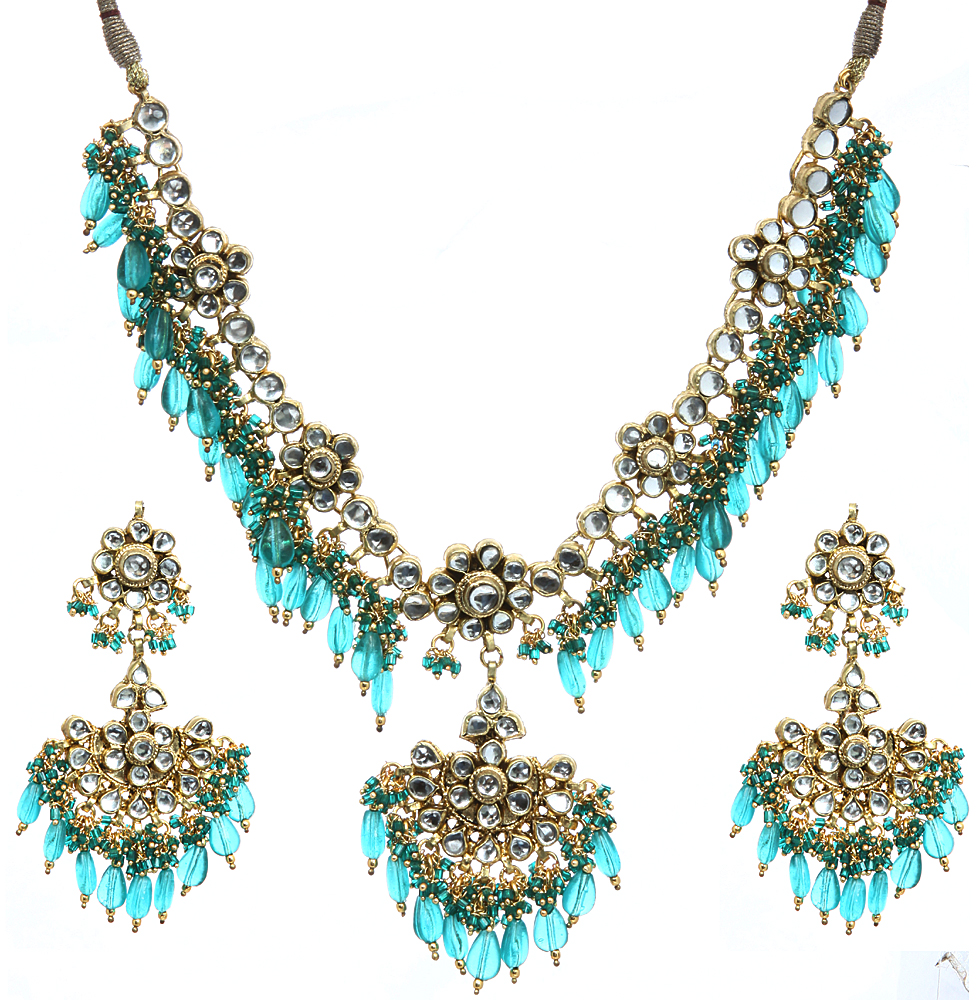 Teal Green Kundan Beaded Necklace Set with Earrings | Exotic India Art