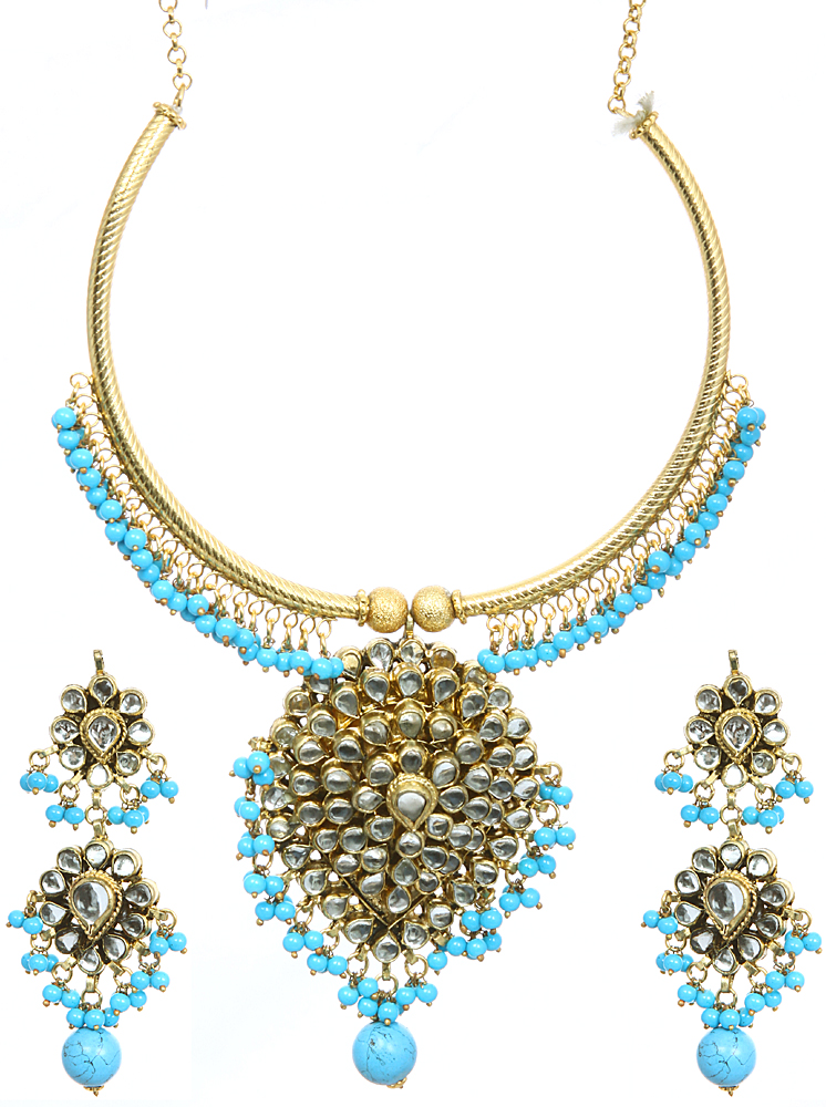 Kundan Necklace Set with Cyan-Blue Stones | Exotic India Art