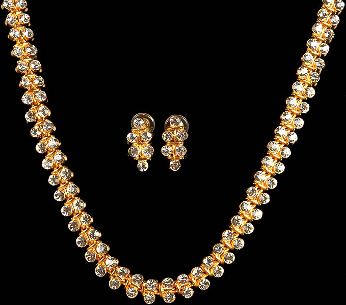 Designer Cut Glass Golden Necklace with Earrings Set Exotic India Art