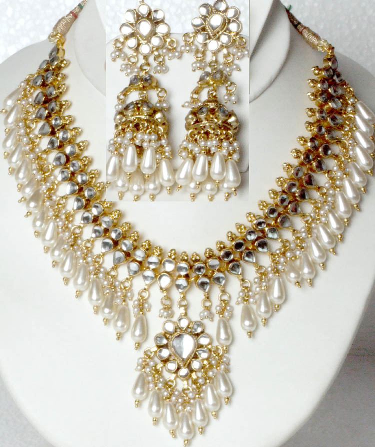 Faux Pearl Shower Kundan Necklace with Earrings Set | Exotic India Art