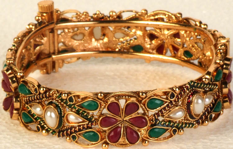 Faux Ruby, Emerald and Pearl Polki Kangan with Screw Clasp | Exotic India Art