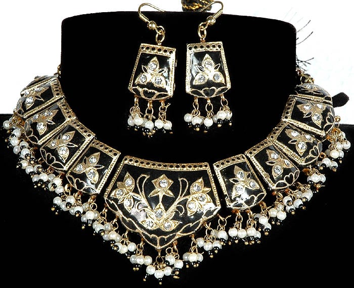 Black Mughal Vegetative Necklace with Earrings with Golden Accents ...