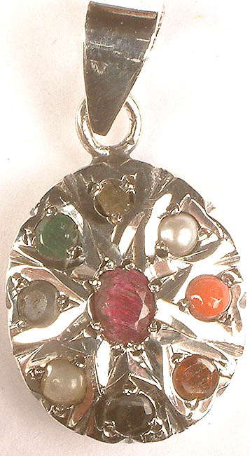 Navaratna Oval Pendant with Central Ruby | Exotic India Art
