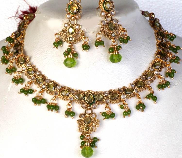 Olive-Green Polki Necklace and Earrings Set with Cut Glass | Exotic ...