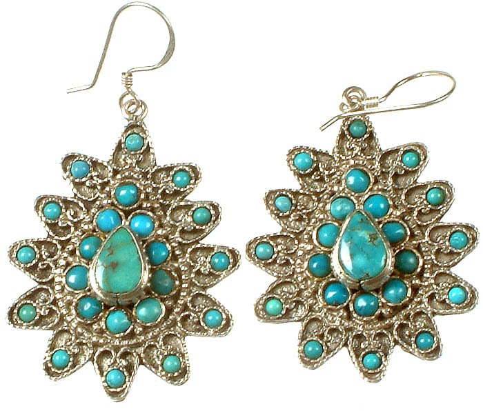 Turquoise Flower Earrings | Exotic India Art