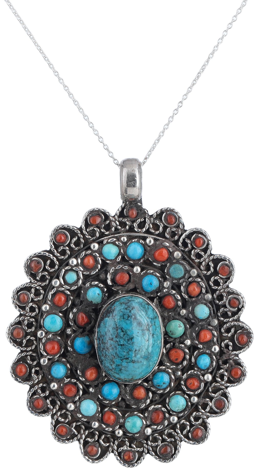 Nepali Work Jewelry Blue Turquoise Red Coral Sterling silver overlay 95 Grams Necklace 18 Lapis