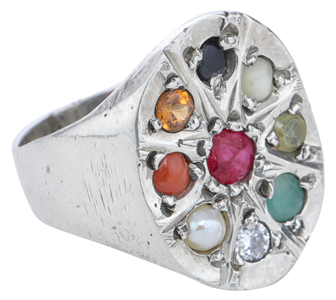 Mens Large Hand Crafted Navaratna Sterling Silver 925 Ring With Real  Gemstones, Birthstones Sapphire, Pearl, Diamond, Ruby, Emerald - Etsy Israel