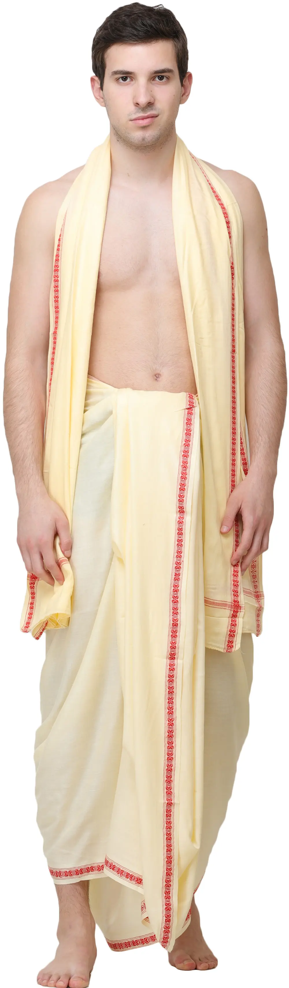 Afterglow Dhoti and Angavastram Set from Kashi with Woven Narrow Border
