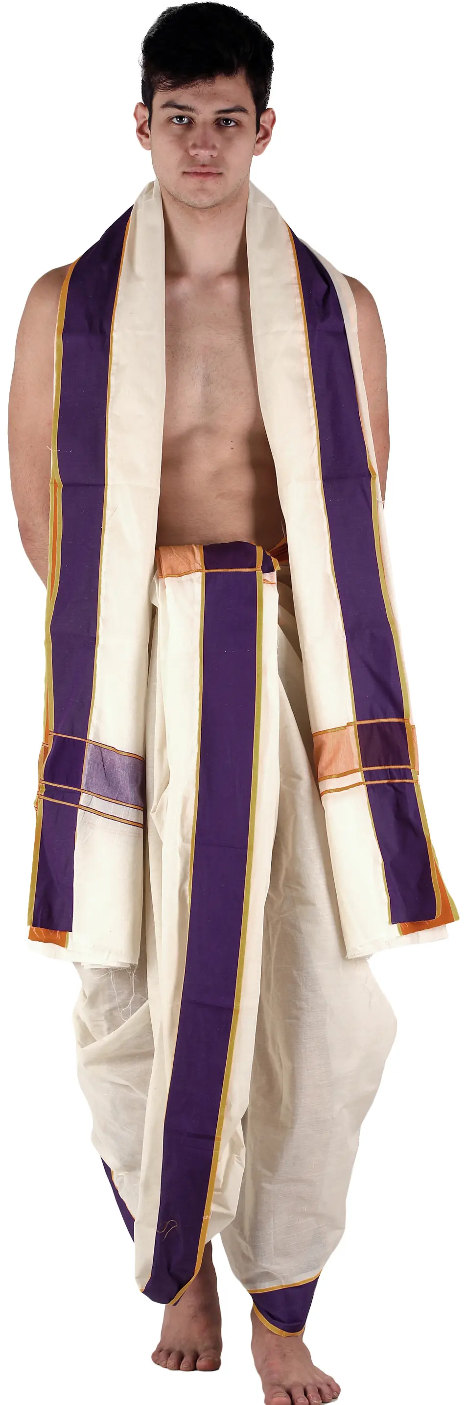 Banana-Cream Dhoti and Veshti Set with Printed Stripe Border