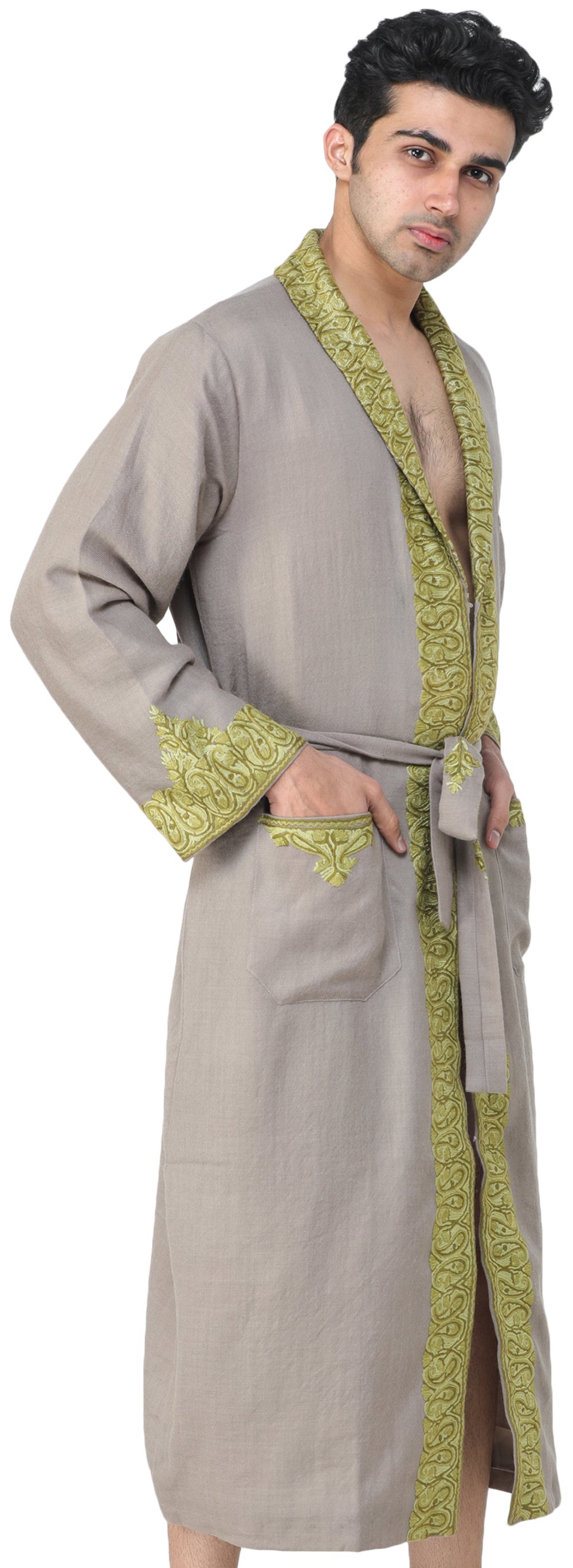 Brown Wazul Men Bathrobe Gown With Ari Embroidery - Gyawun