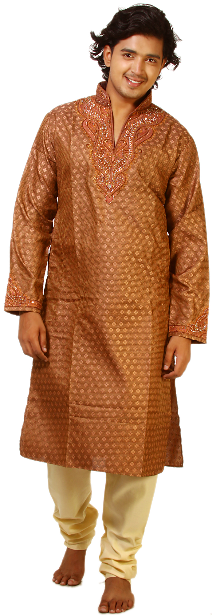 BiscuitBrown Kurta Pajama with Self Weave and Embroidery on Neck