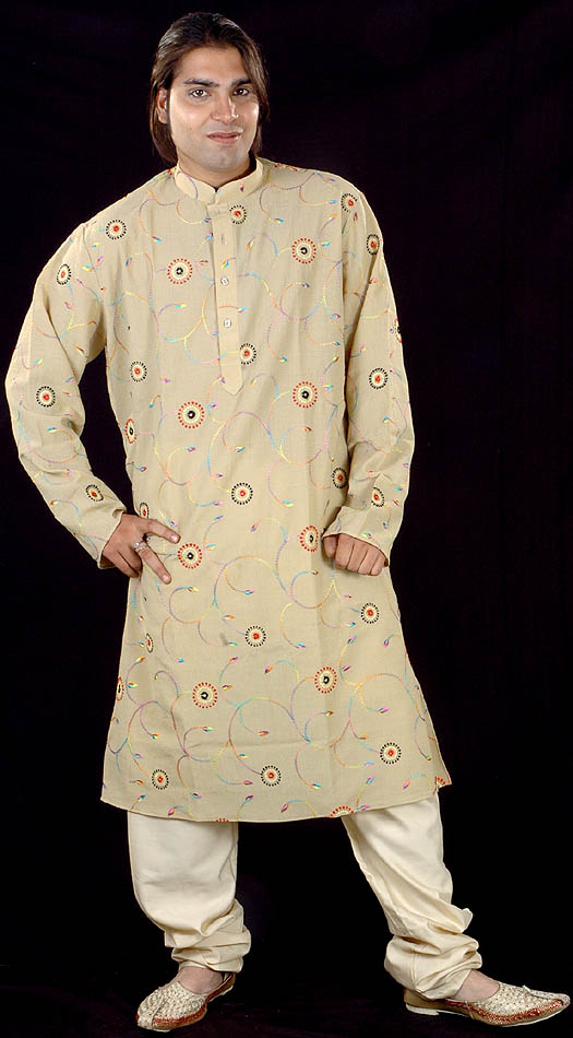 Khaki Kurta Pajama with AllOver Embroidery in MultiColor Thread