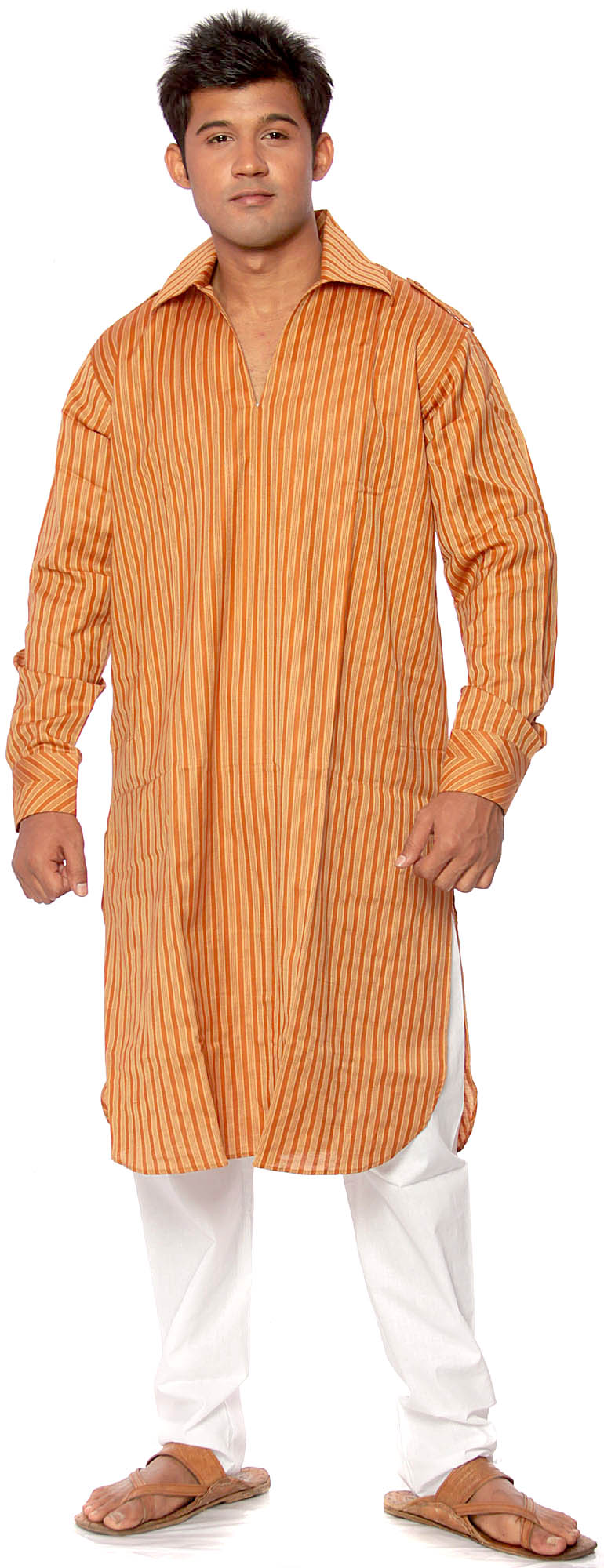 Rust Khadi Kurta Pajama with Woven Stripes Exotic India Art