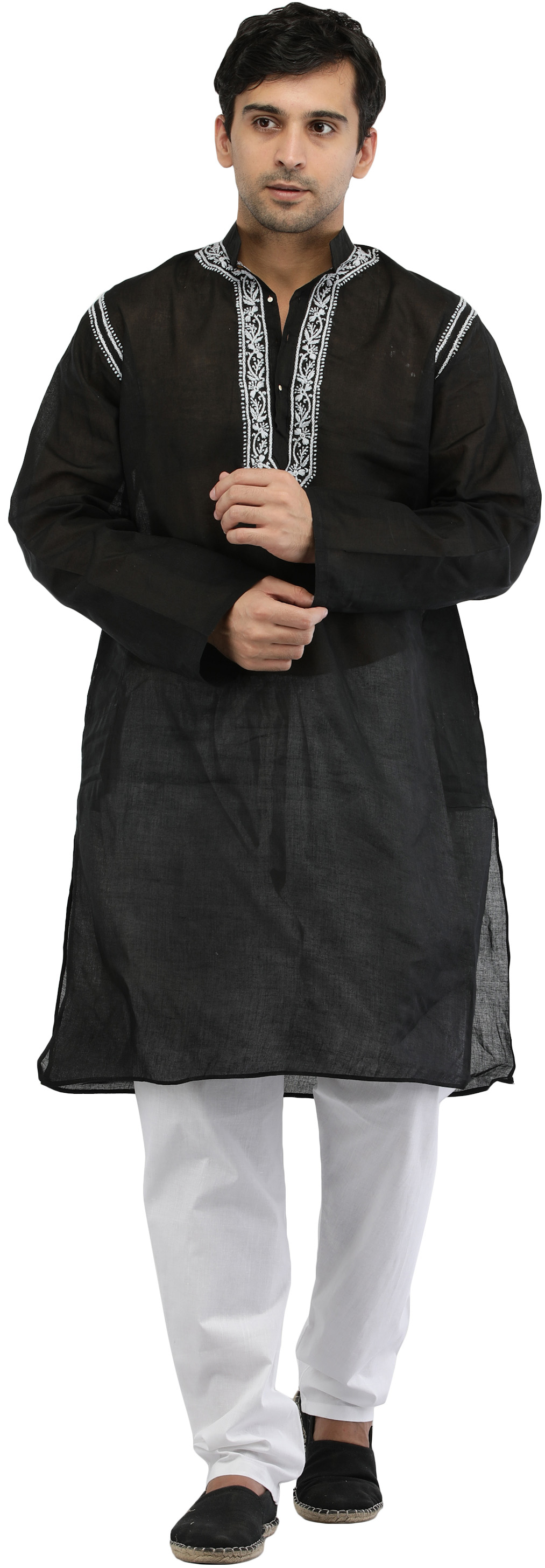 Phantom-Black Kurta Pajama with Lucknawi Chikan Embroidery on Neck ...