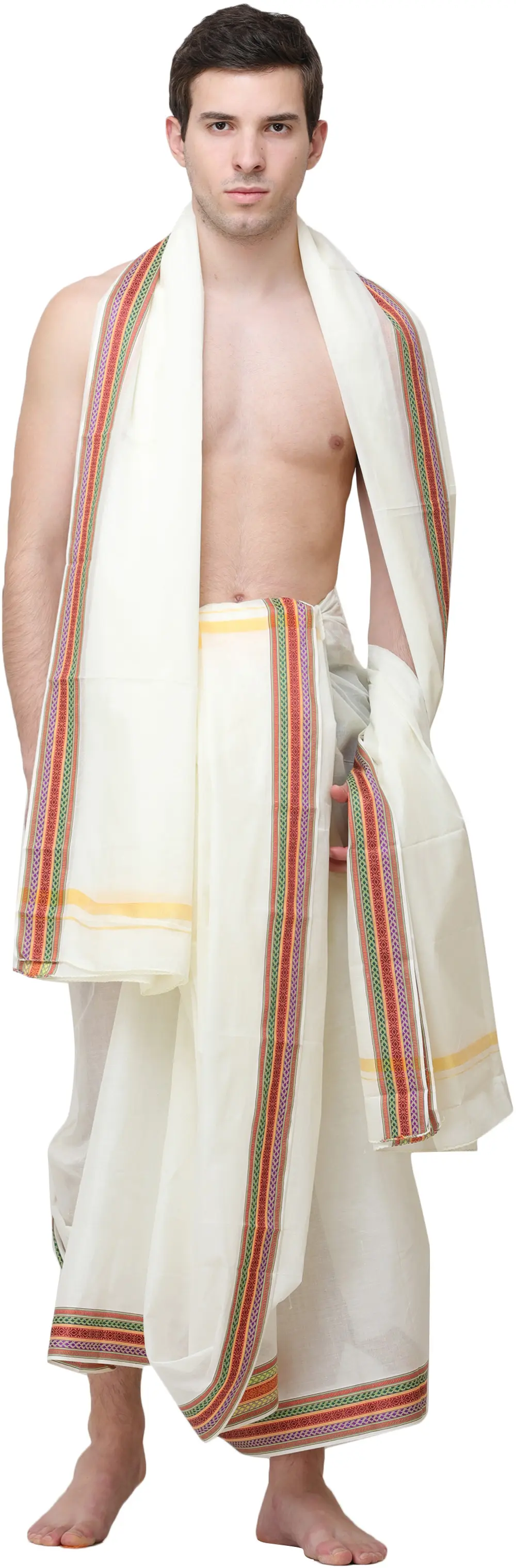 Plain Dhoti and Angavastram Set with Woven Border