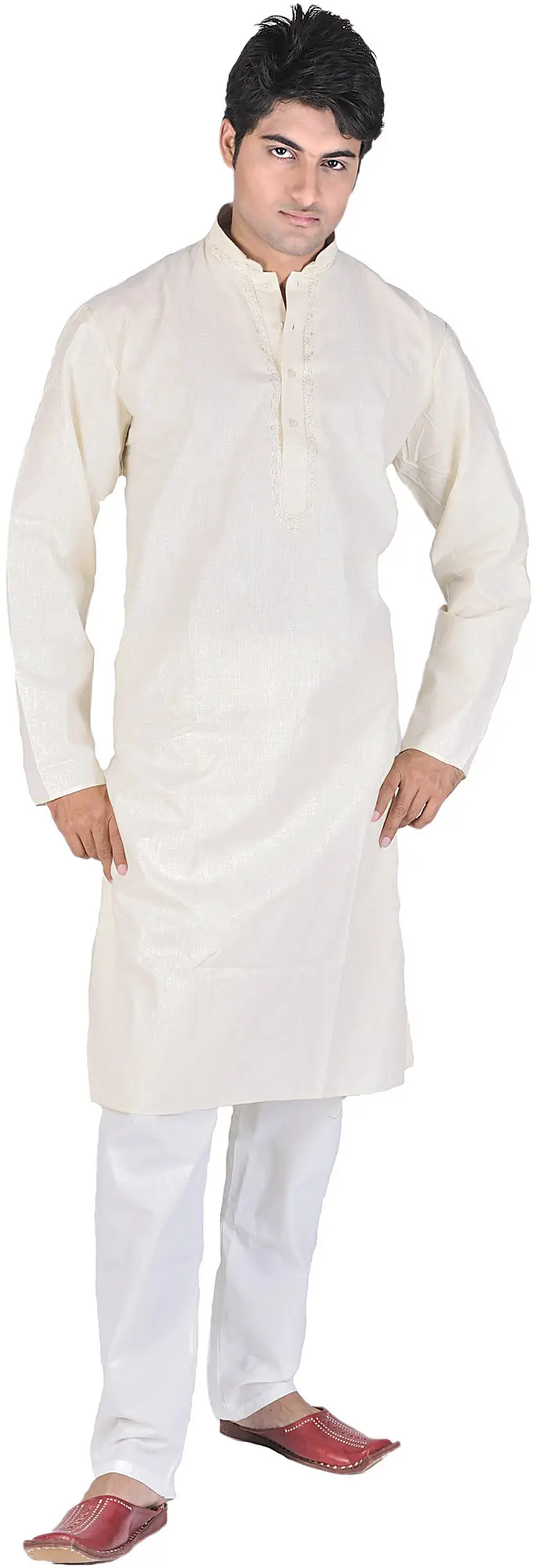 Kurta Pajama with Embroidery on Neck and Glittering Thread Weave