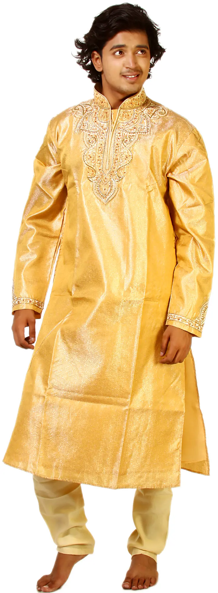 Golden-Apricot Wedding Kurta Pajama with Crystals and Beads Embroidered on Neck