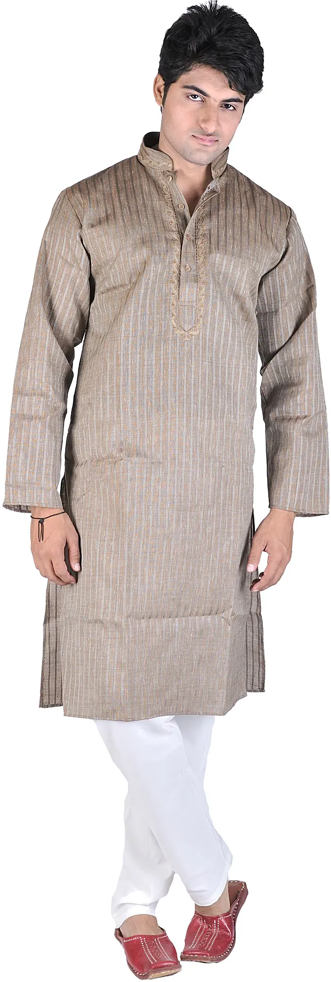 Brownie Kurta Pajama with Wide Woven Stripes and Embroidery on Neck