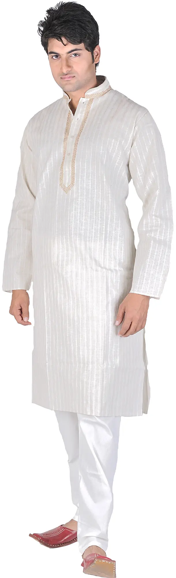 Silver-Gray Kurta Pajama with Hand Embroidered Flowers on Neck