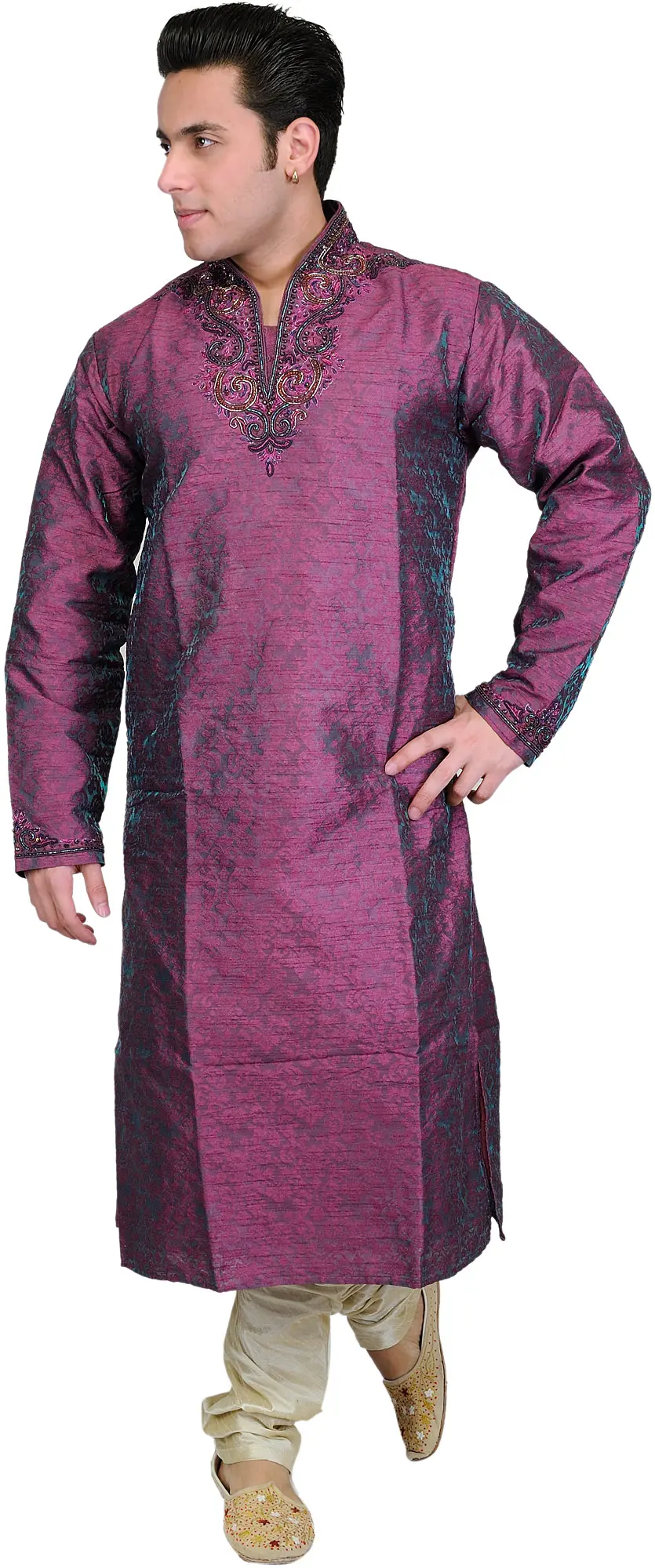 Raspberry-Radiance Wedding Kurta Pajama with Hand-Embroidered Beads on Neck