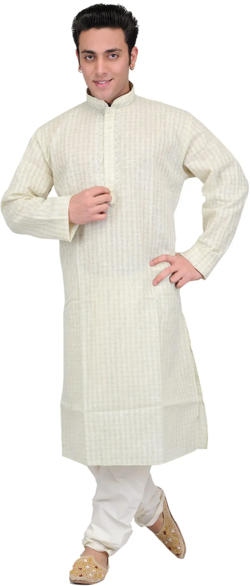 Kurta Pajama with Embroidery on Neck and Checks Woven in Self