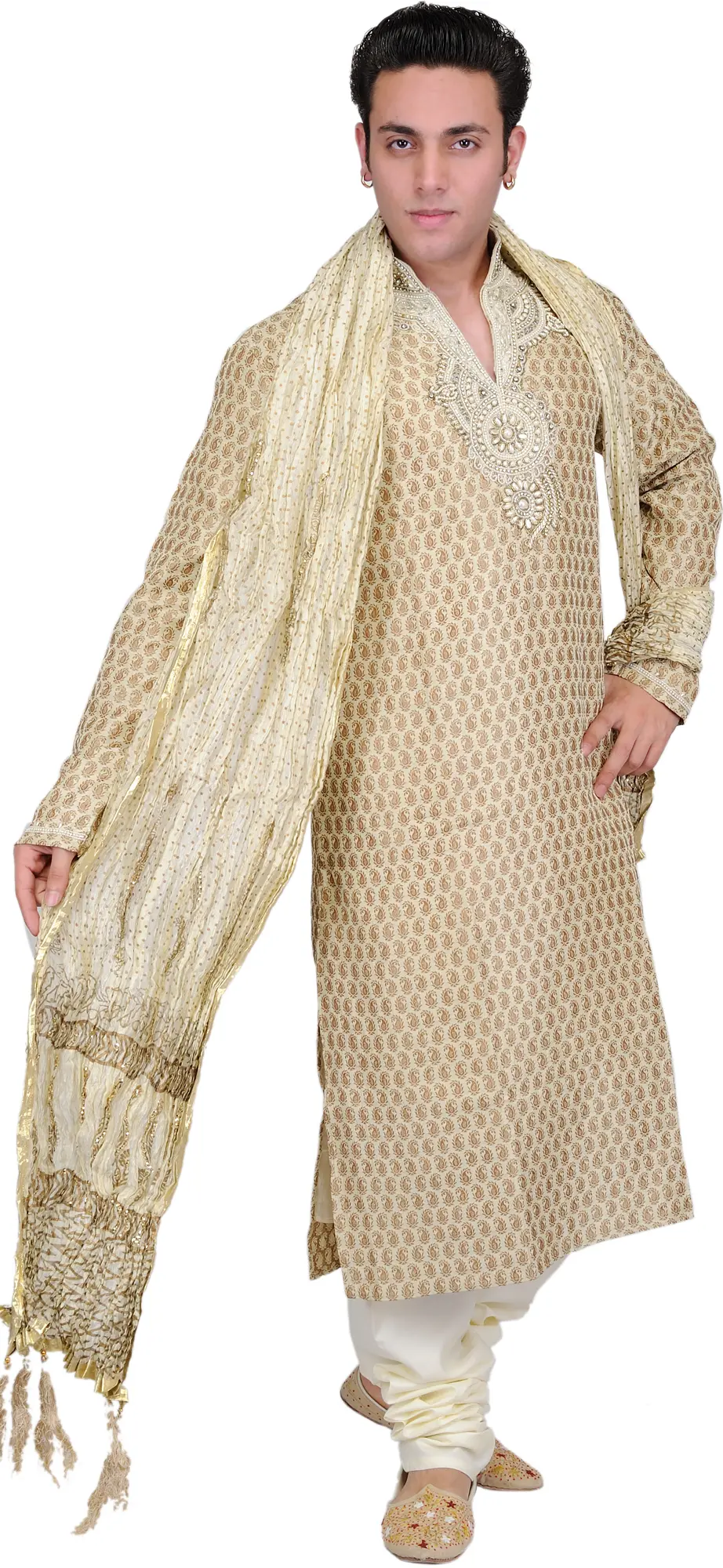Exotic India Golden Designer Kurta Pajama with Faux Pea 
