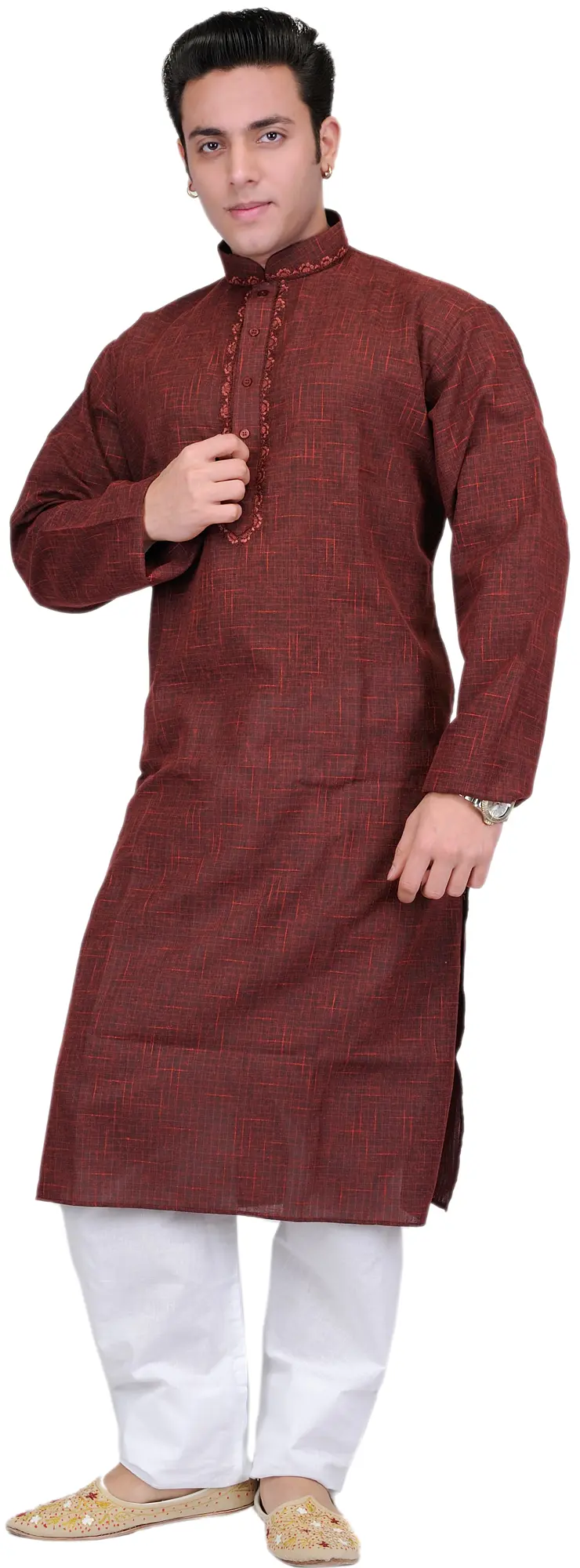 Pure Cotton Kurta Pajama with Embroidery on Neck and Thread Weave
