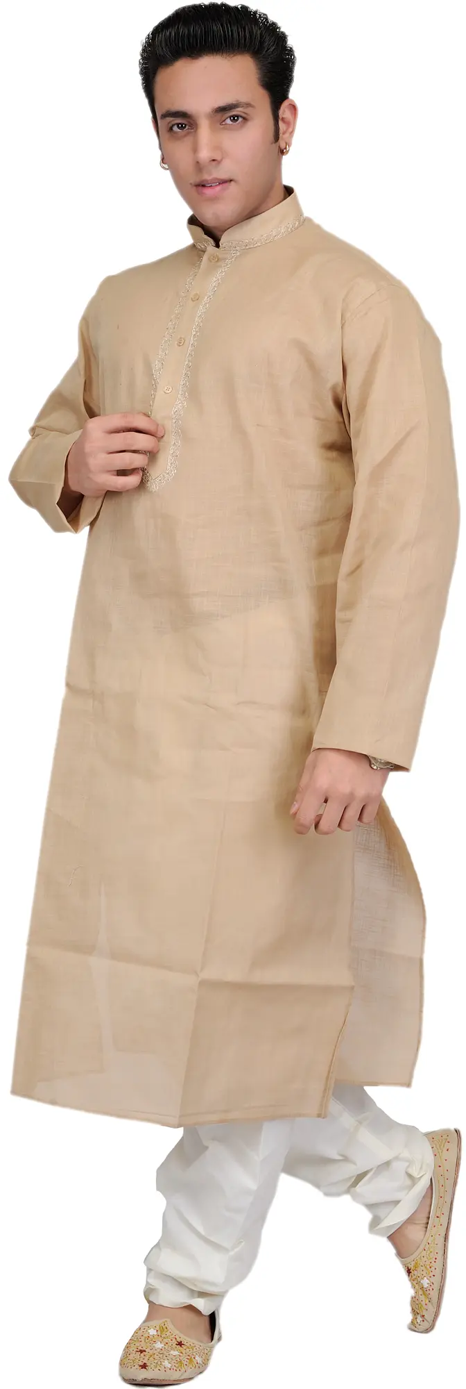 Sand-Beige Kurta Pajama with Thread Embroidery on Neck