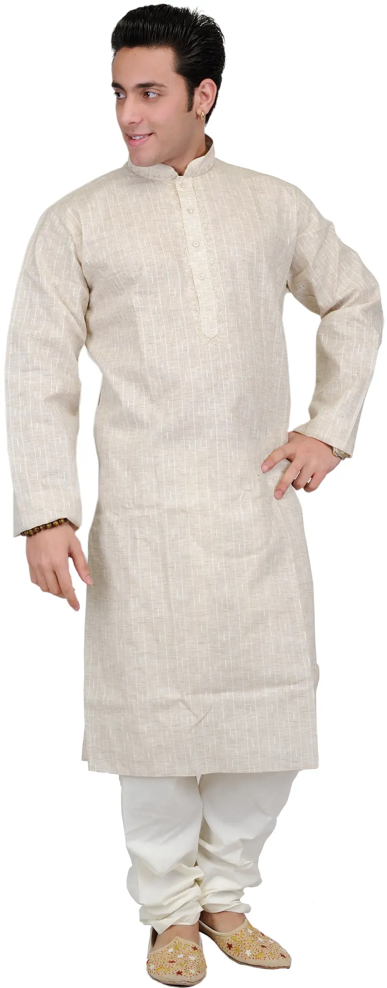 Pure Cotton Kurta Pajama with Thread Embroidery on Neck and Woven Stripes