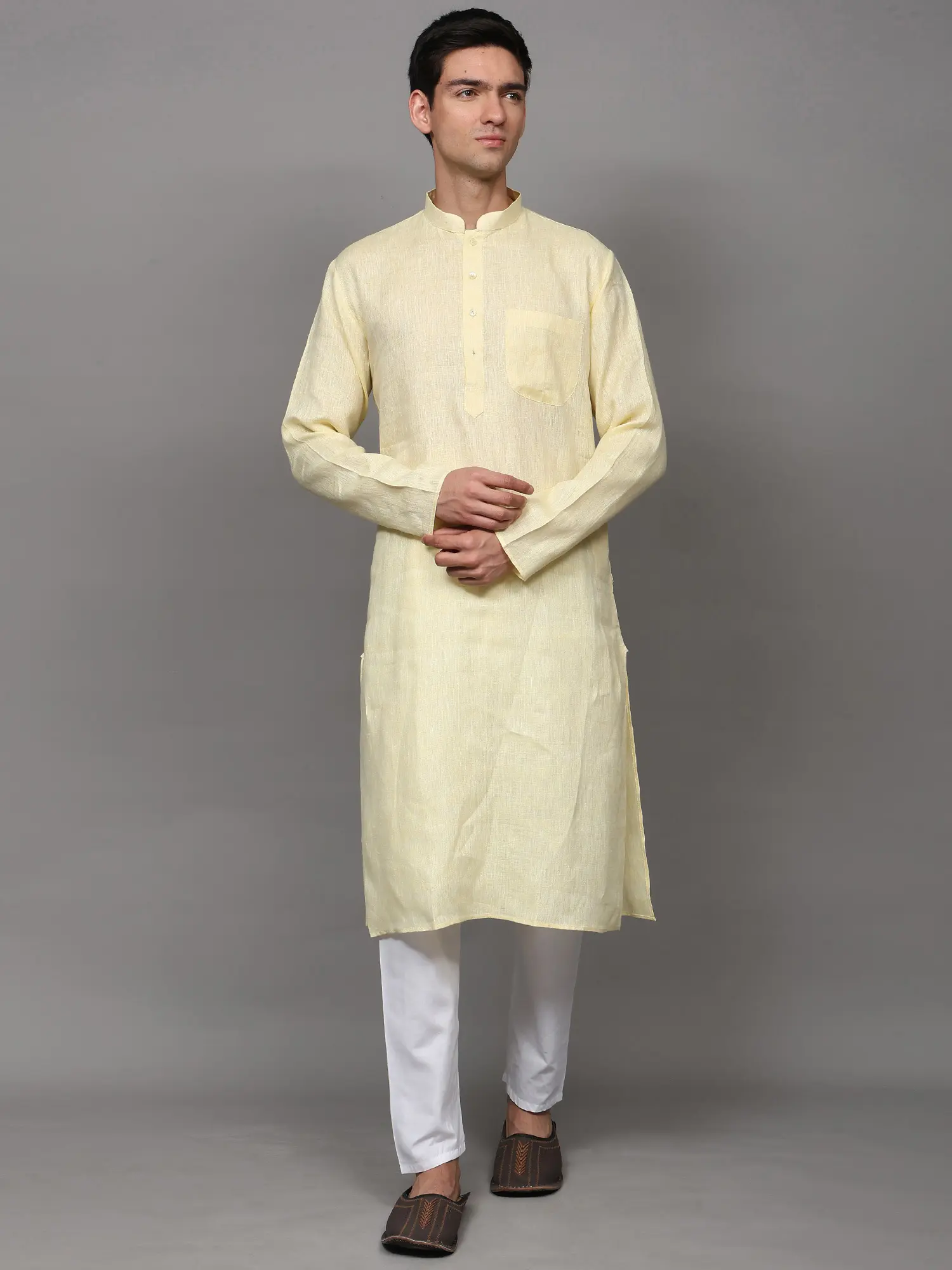 Plain Pure Linen Kurta with White Pajama Set