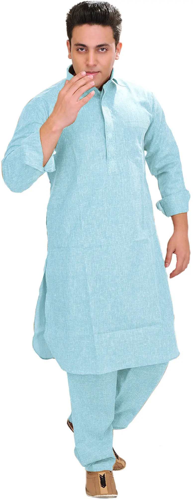 Plain Pathani Kurta Salwar with Thread Embroidery on Neck