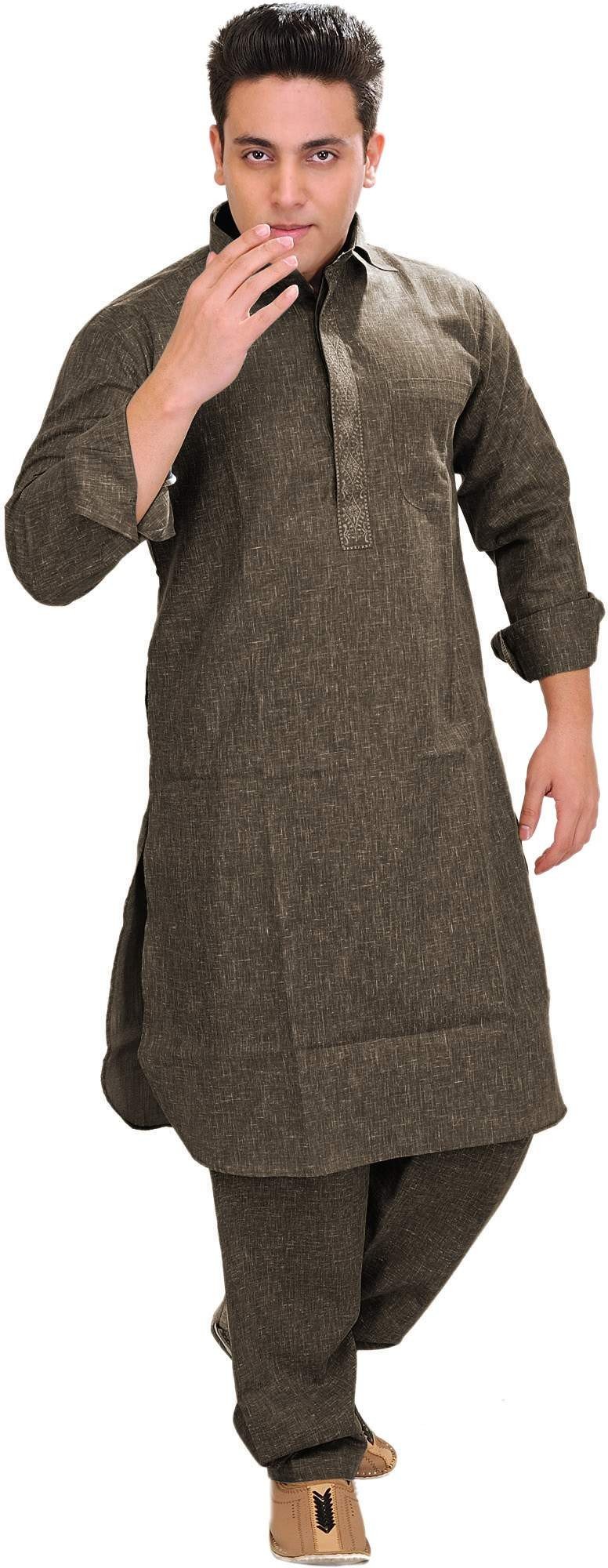 Plain Pathani Kurta Salwar with Thread Embroidery on Neck Exotic