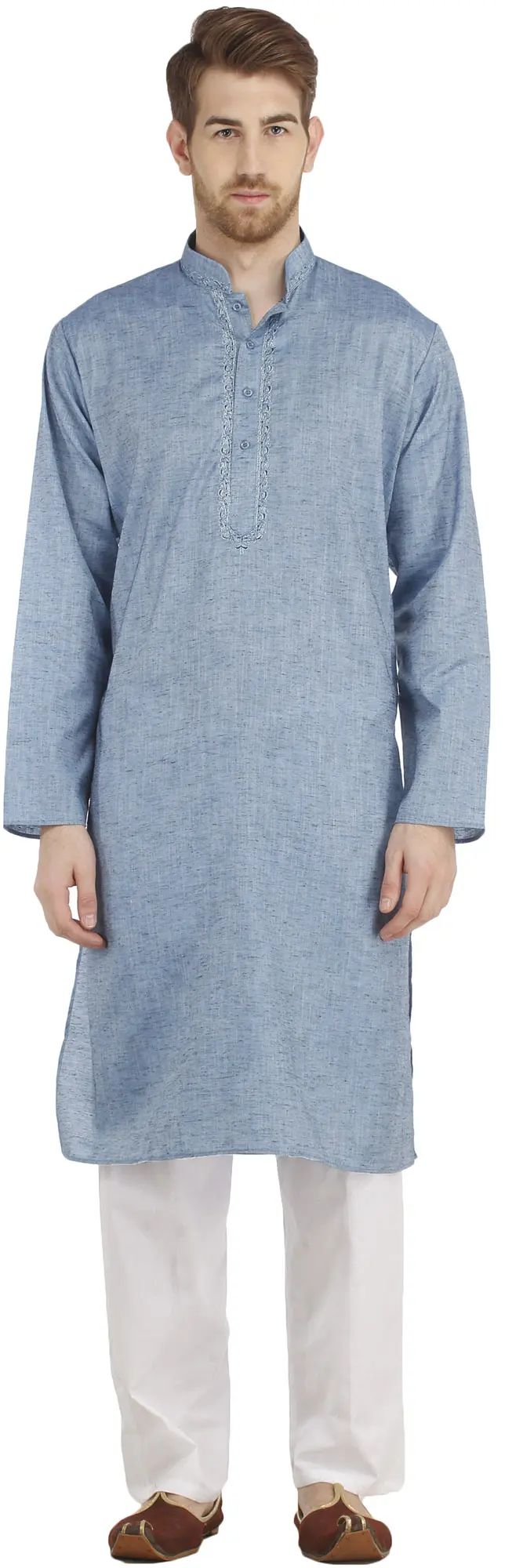 Plain Pure Cotton Kurta Pajama with Embroidery on Neck