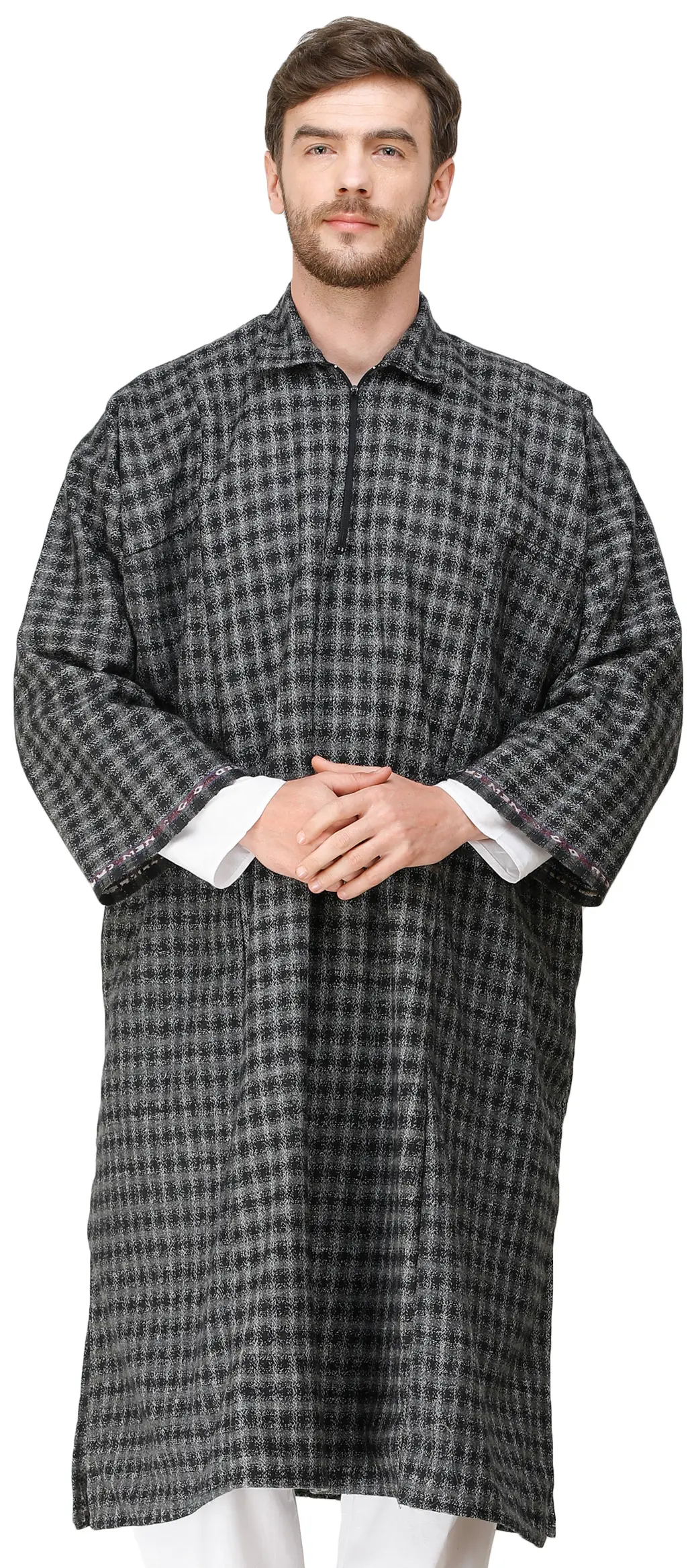 Pure Wool Men's Phiran from Kashmir with Front Zipper