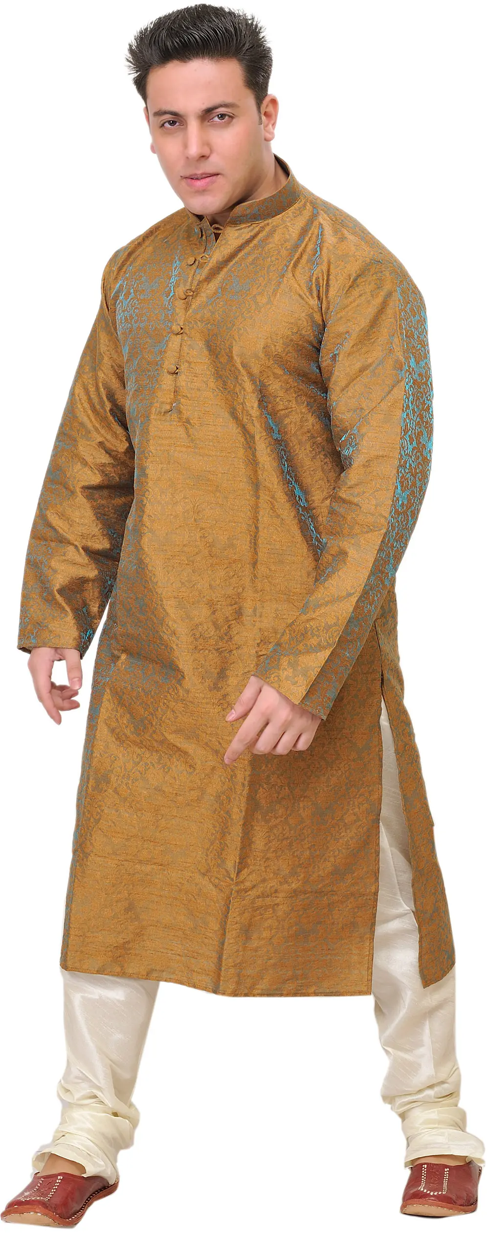 Wedding Kurta Pajama Set with All-Over Woven Floral Motifs in Self