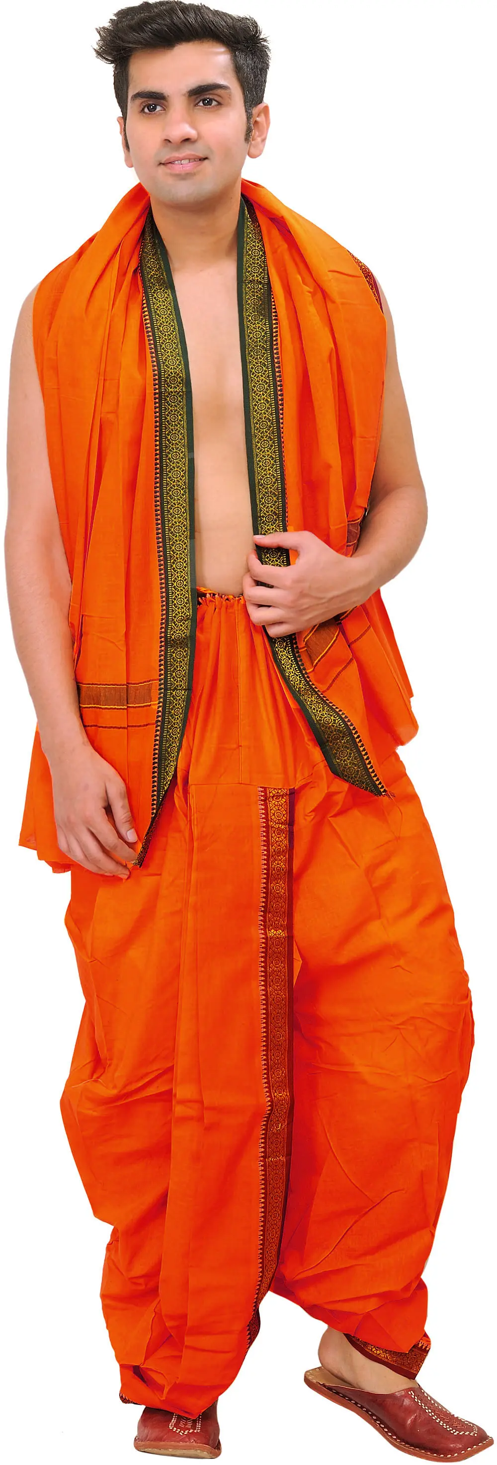 Ready to Wear Dhoti and Angavastram Set with Woven Temple Border