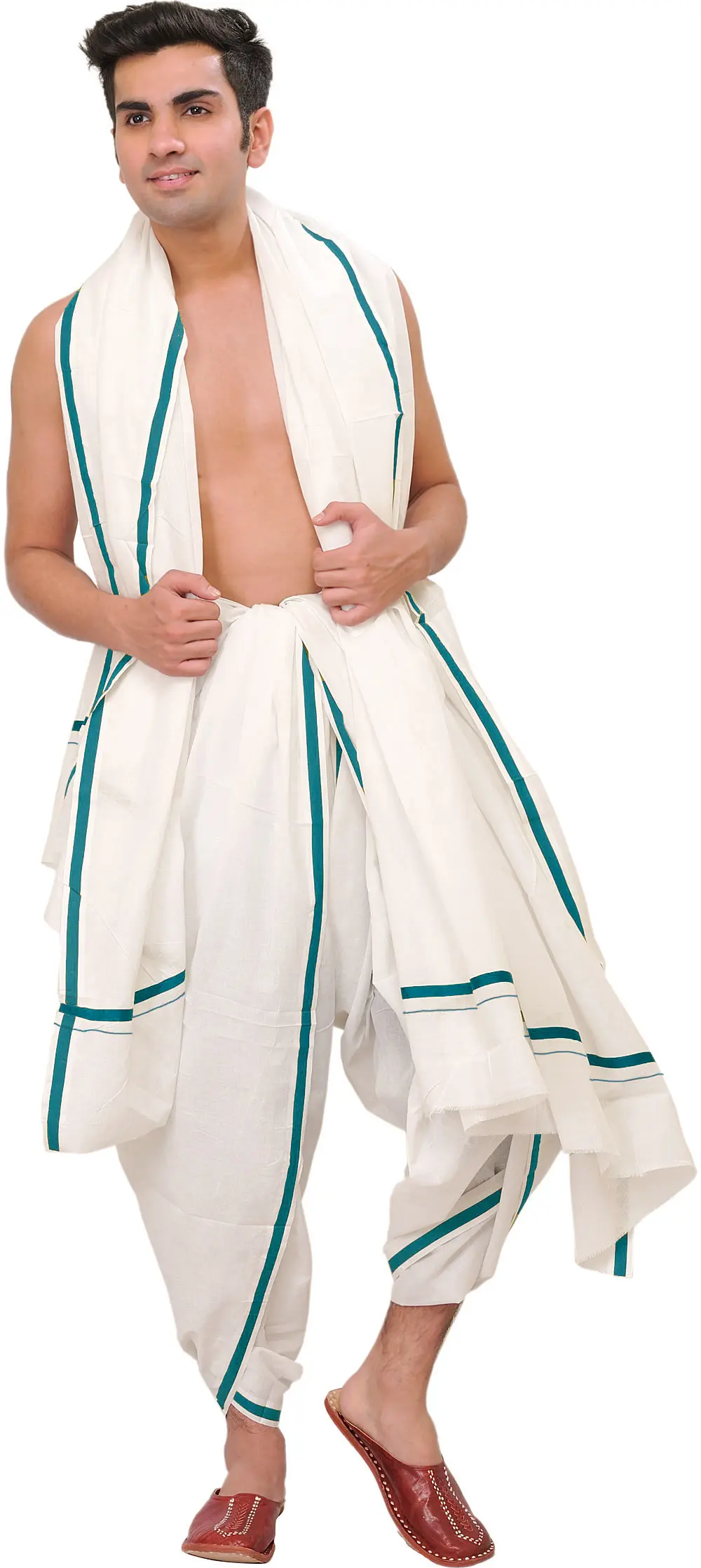 Plain Dhoti and Angavastram Set with Striped Border