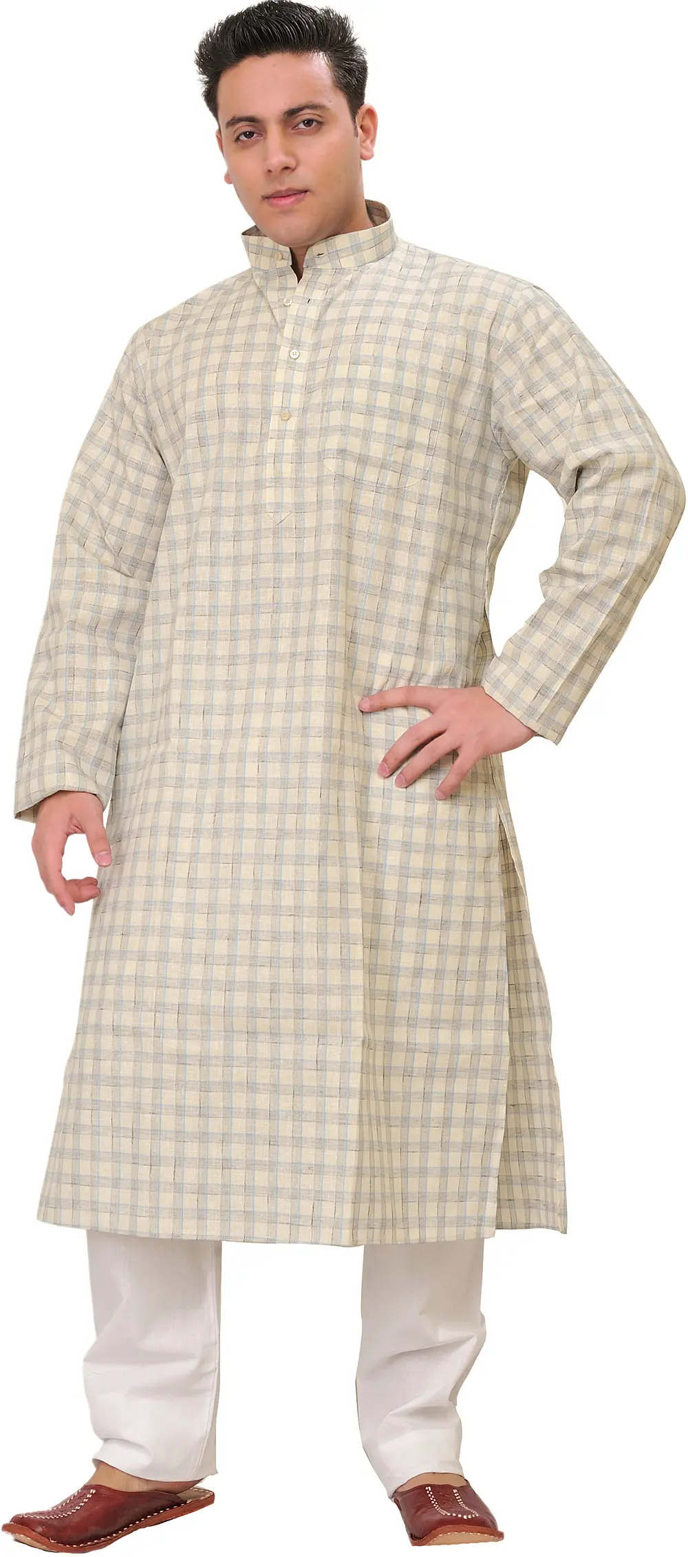 Cloud-Cream Casual Kurta Pajama Set with Woven Checks and Front Pocket