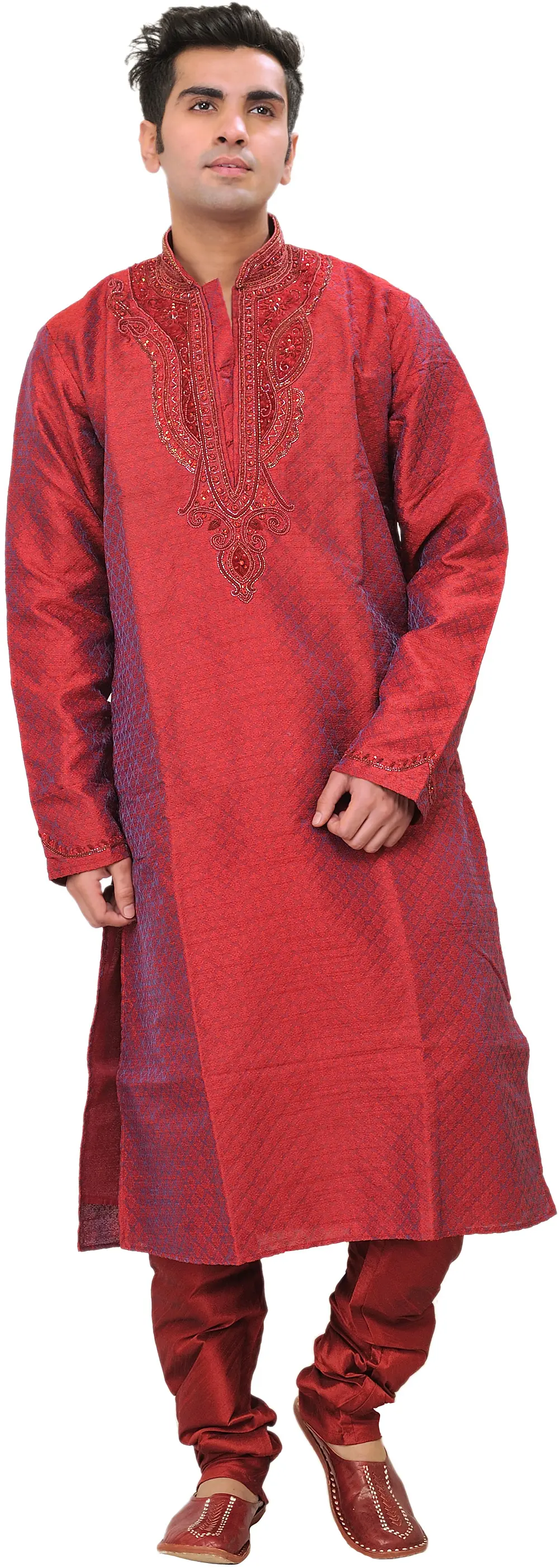 Rococco-Red Self Weave Wedding Kurta Pajama Set with Beads Embroidered on Neck