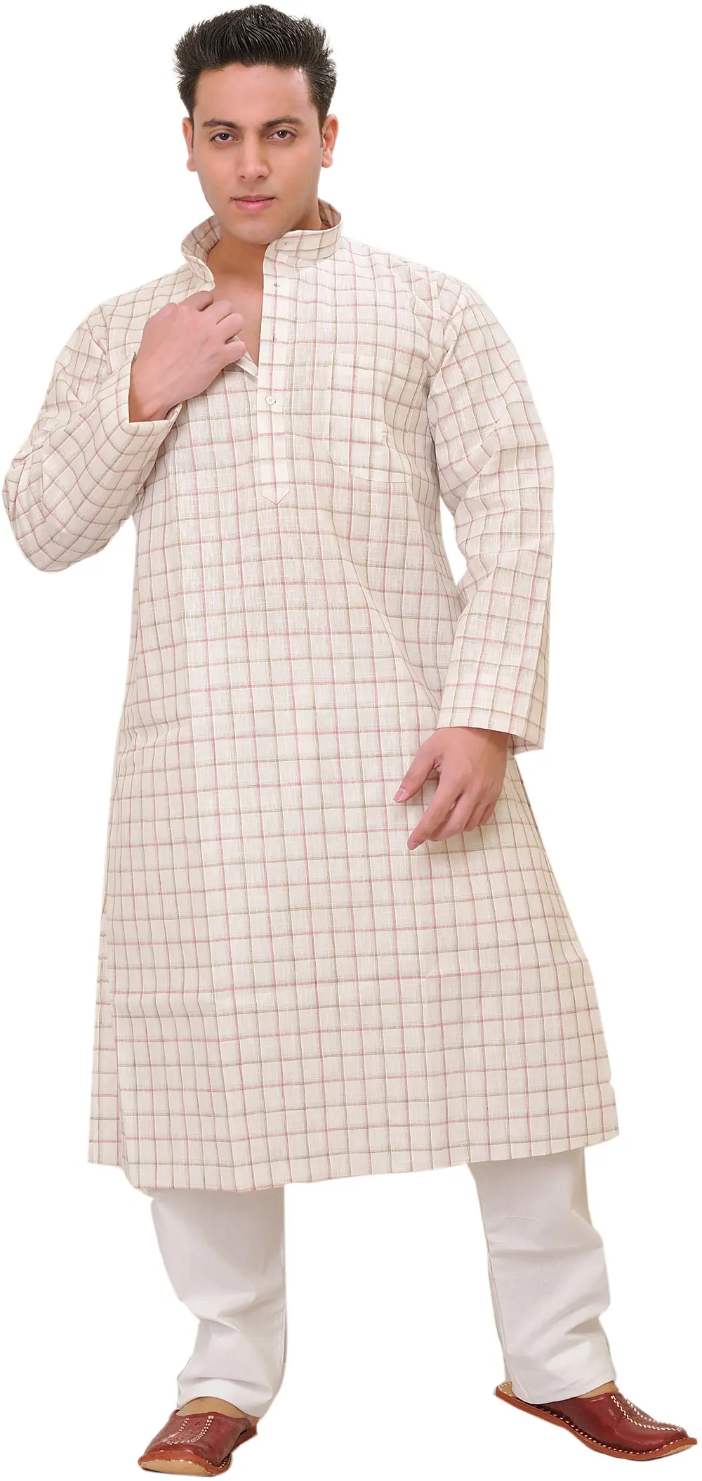 Star-White Casual Kurta Pajama Set with Woven Checks