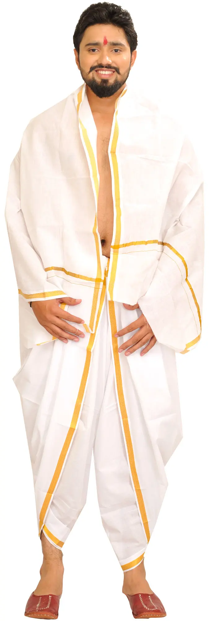 Star-White Dhoti and Angavastram Set with Woven Border in Zari Thread